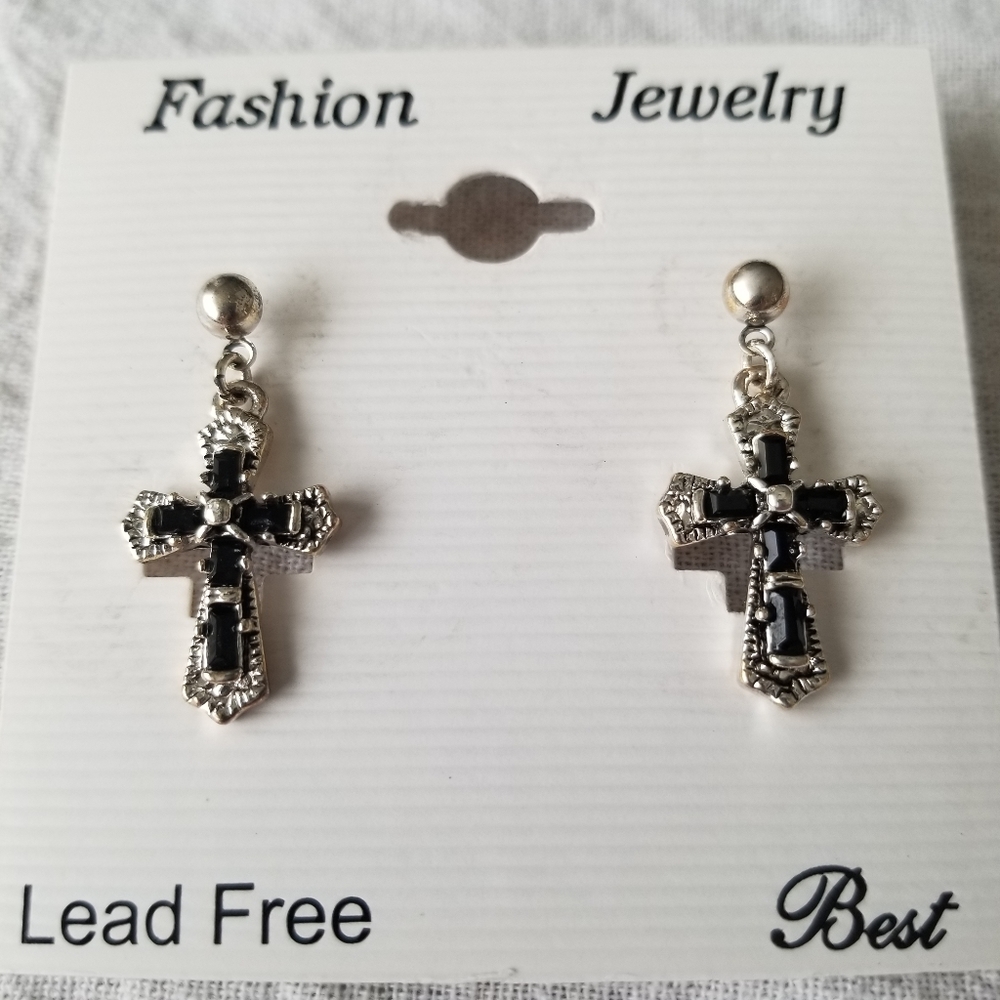 💥 Silver Tone Black Rhinestone Cross Earrings